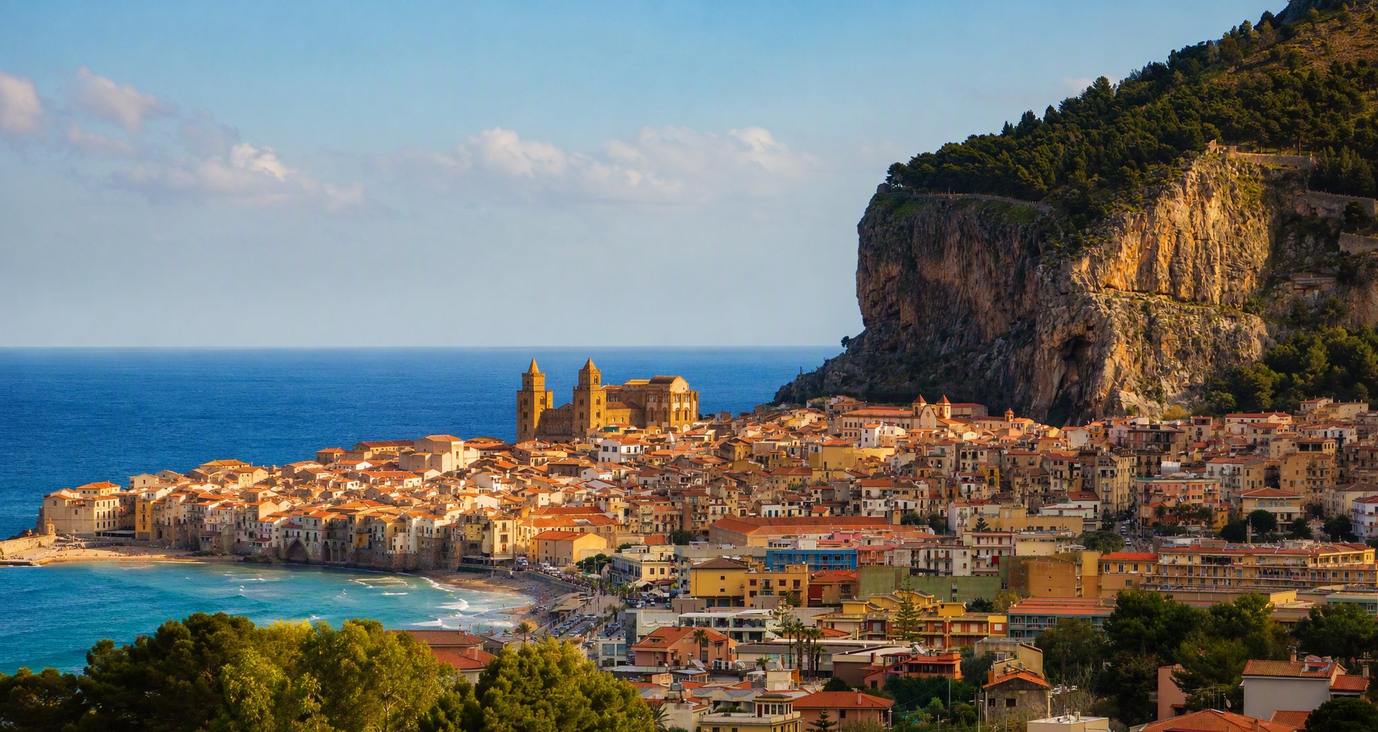 Panorama del centro storico di Cefalù con la cattedrale e La Rocca